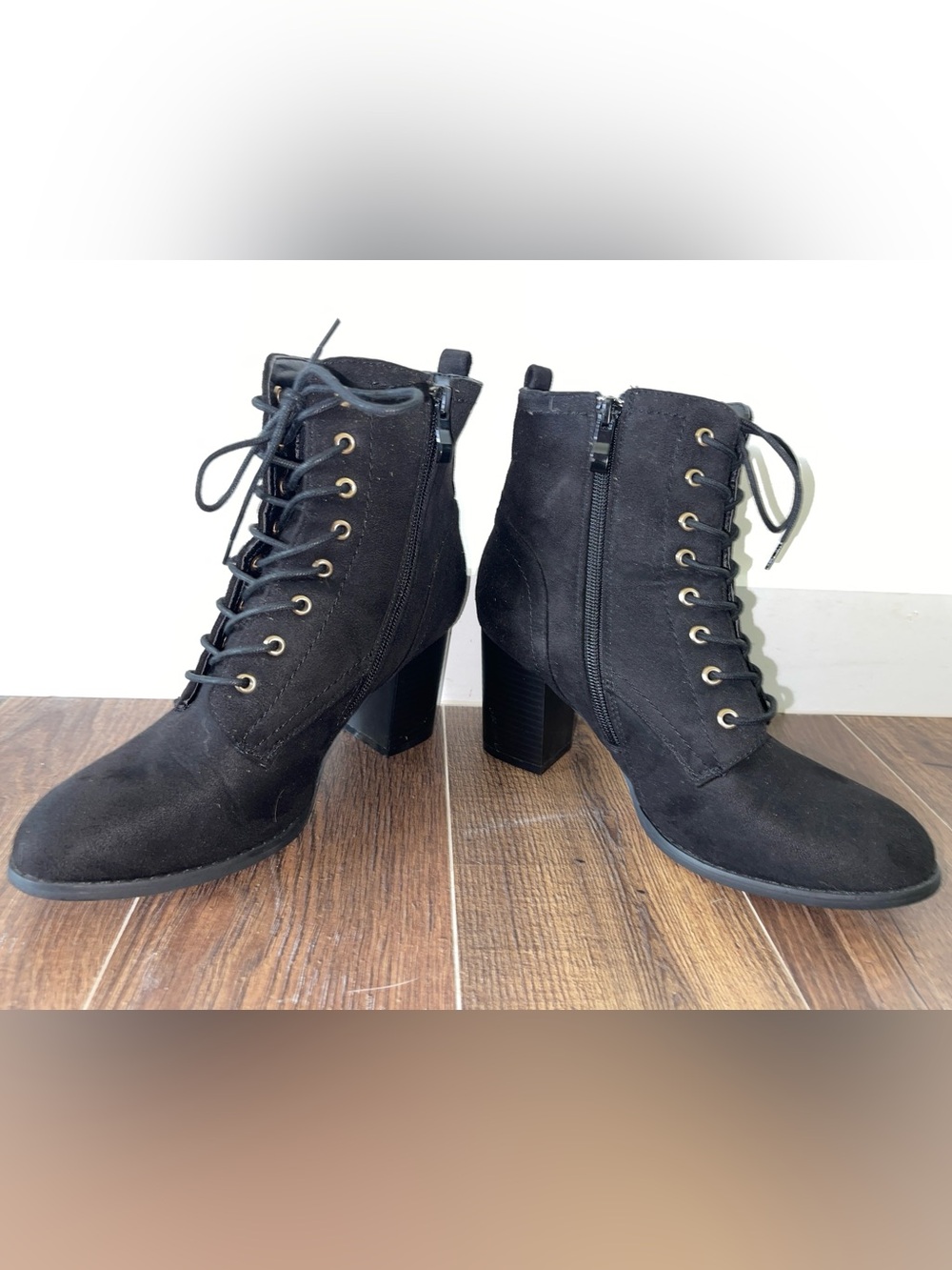 Journee Collection Black Faux Suede Ankle Boot, Block Heel, Lace-Up Side, US 9